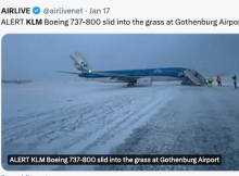 Slecht weer: een KLM Boeing 737-800 glijdt in het gras op de luchthaven van Göteborg